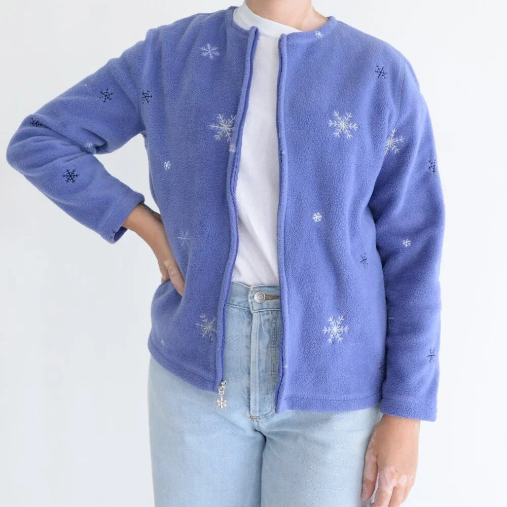 Vintage Croft Barrow Blue Fleece Embroidered Snowflake Zip Up Cardigan Sweater M